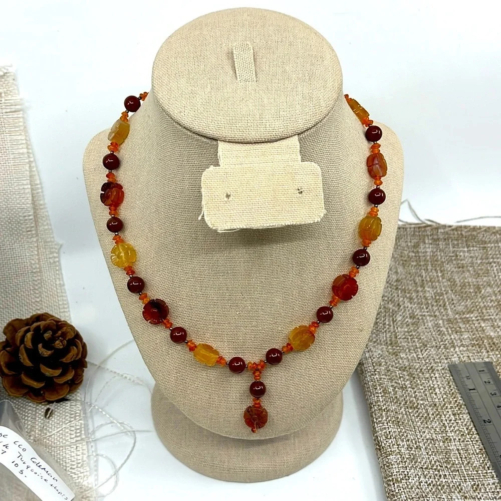 Vintage Amber & Red Jasper Flower Bead Necklace - 925 Silver, Adjustable 16-20"